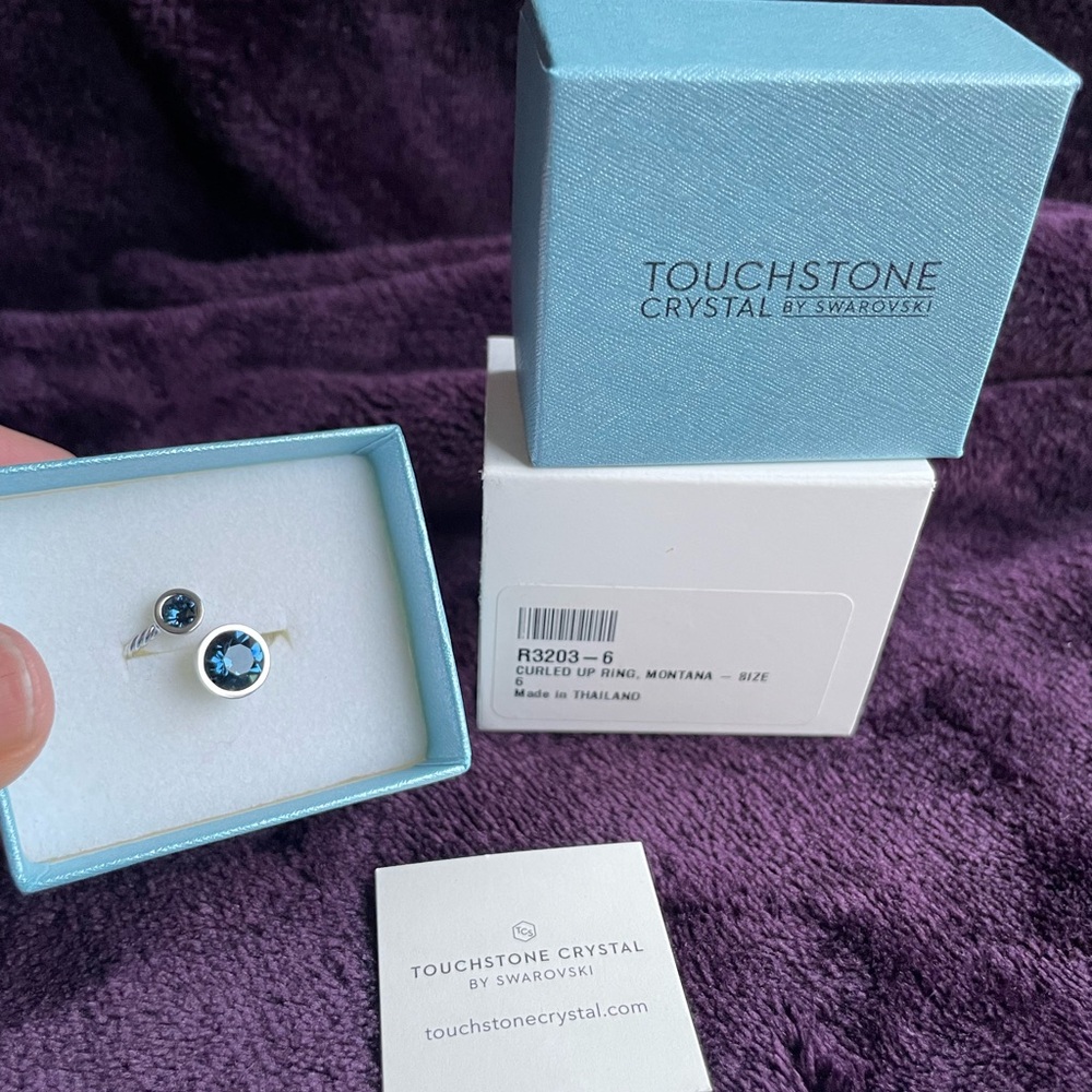 Touchstone Crystal by Swarovski, Curled Up Ring: Montana Blue, sz 6
